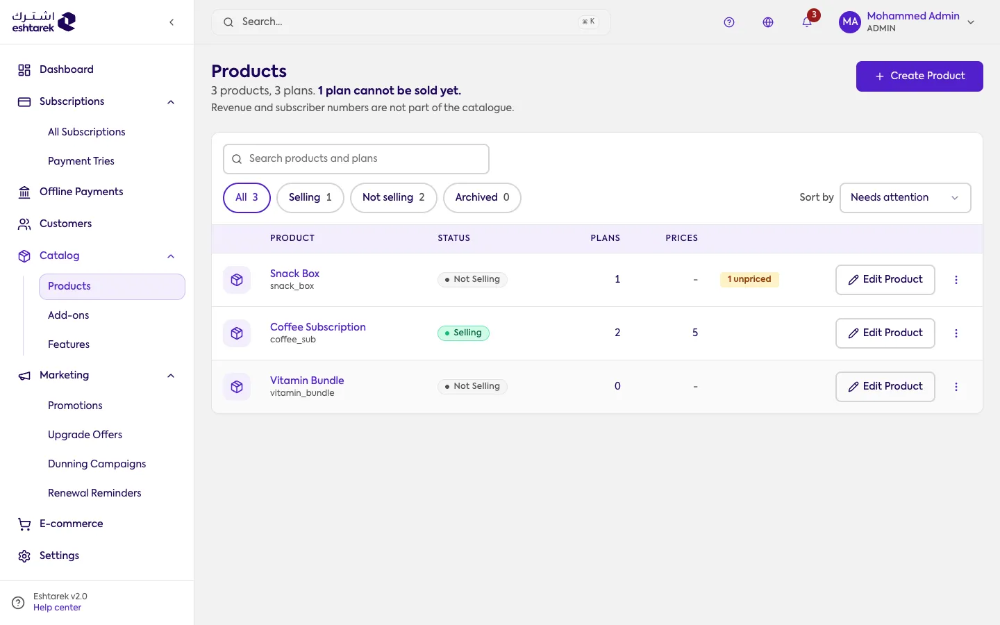 Screenshot: Products
