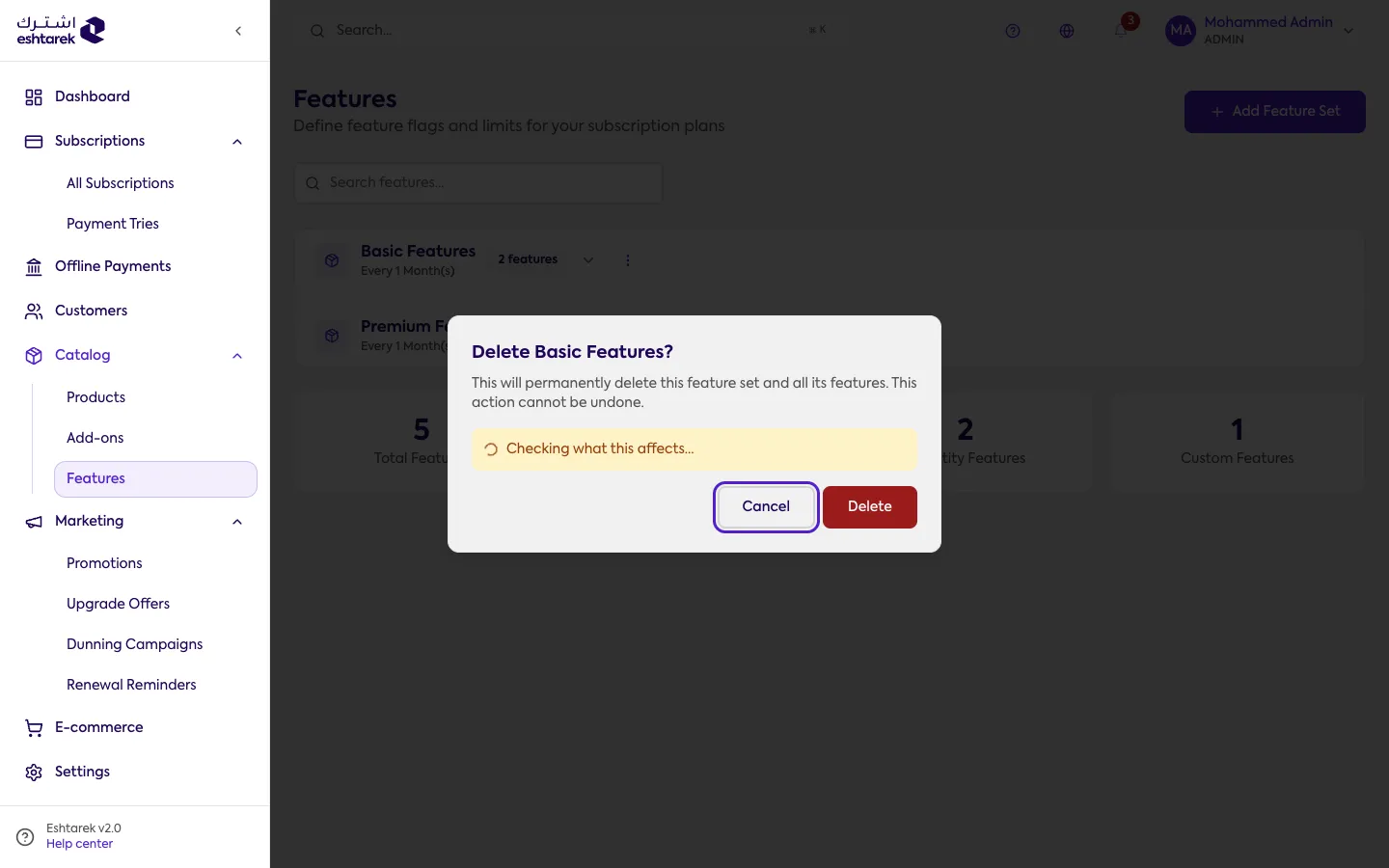 Screenshot: delete feature set confirmation