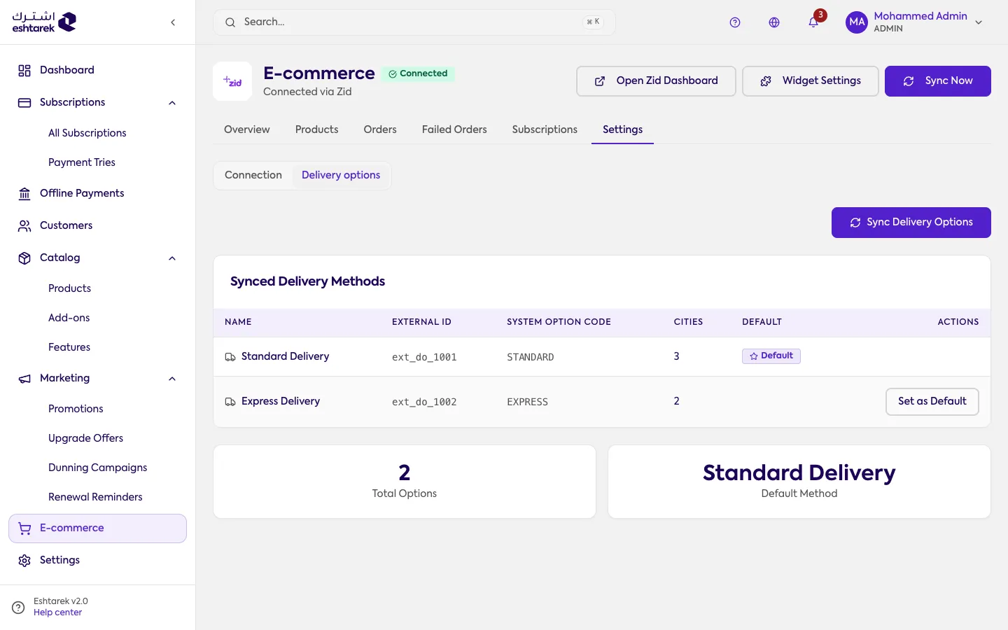 Screenshot: Delivery options