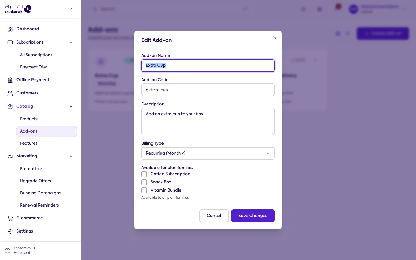 Screenshot: editing an add-on