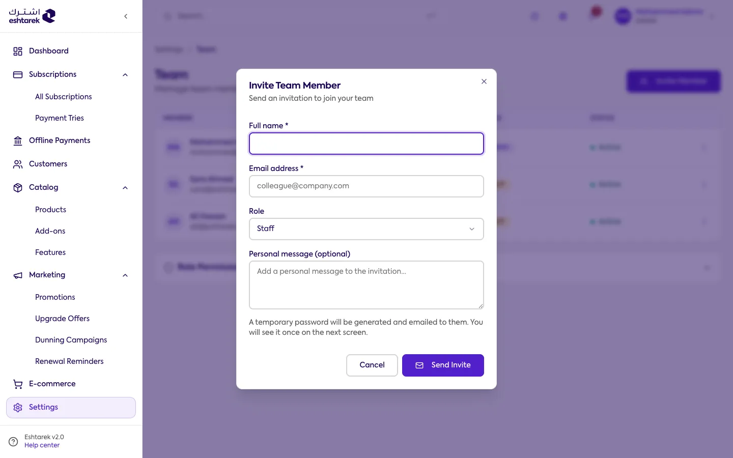 Invite member dialog