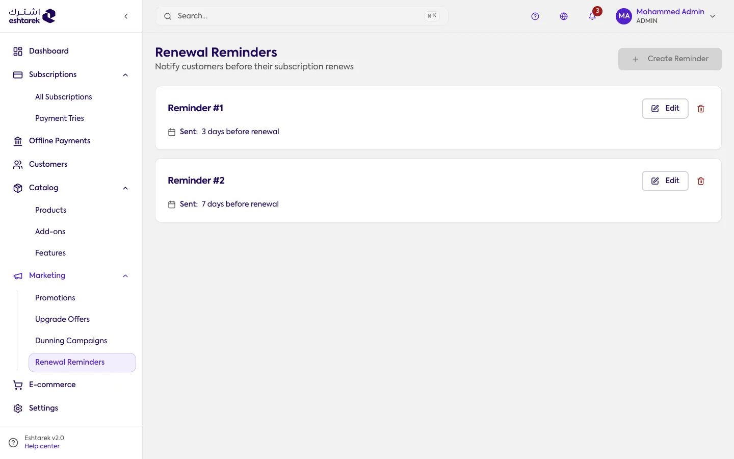 Screenshot: Renewal reminders