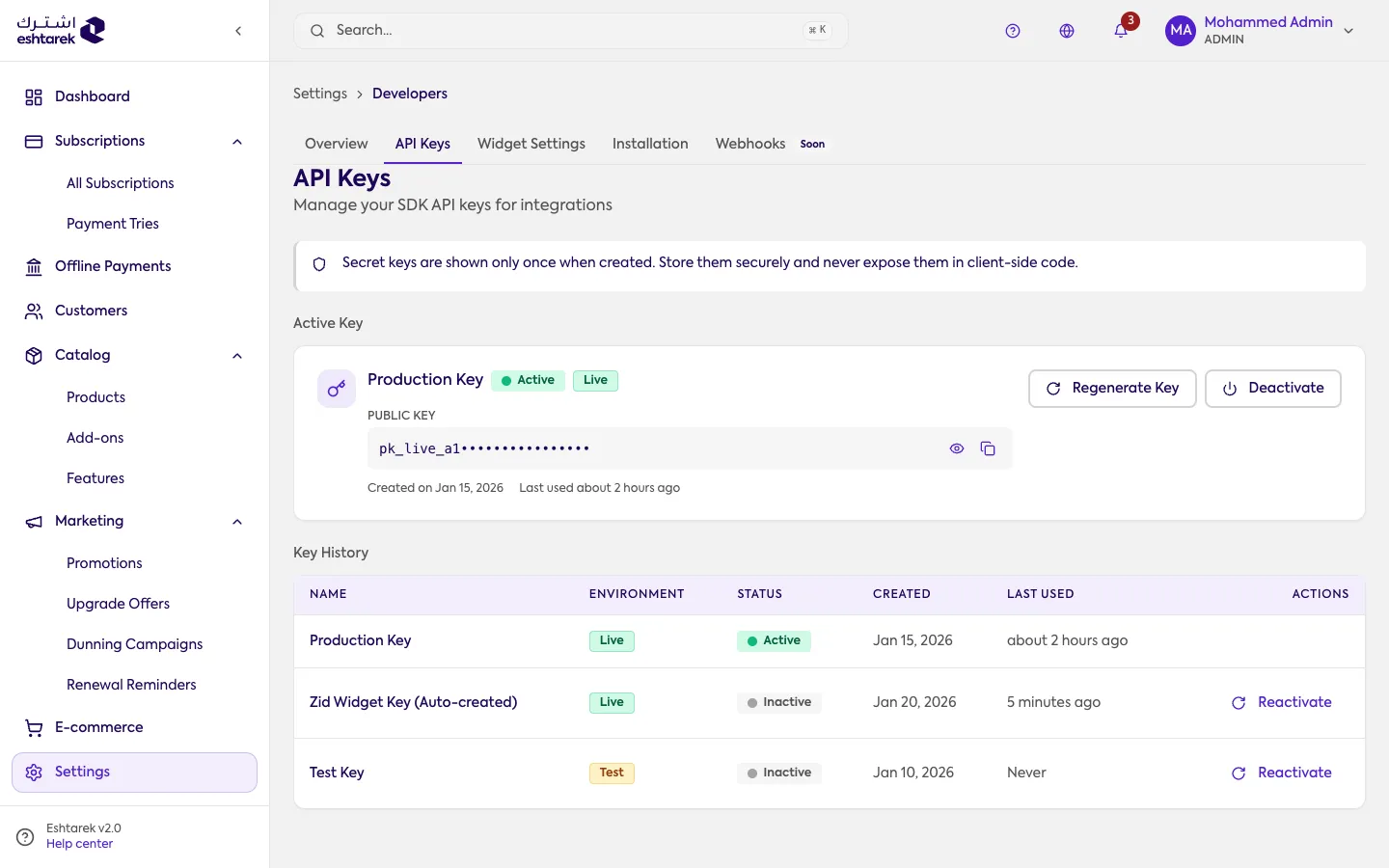 Screenshot: API keys