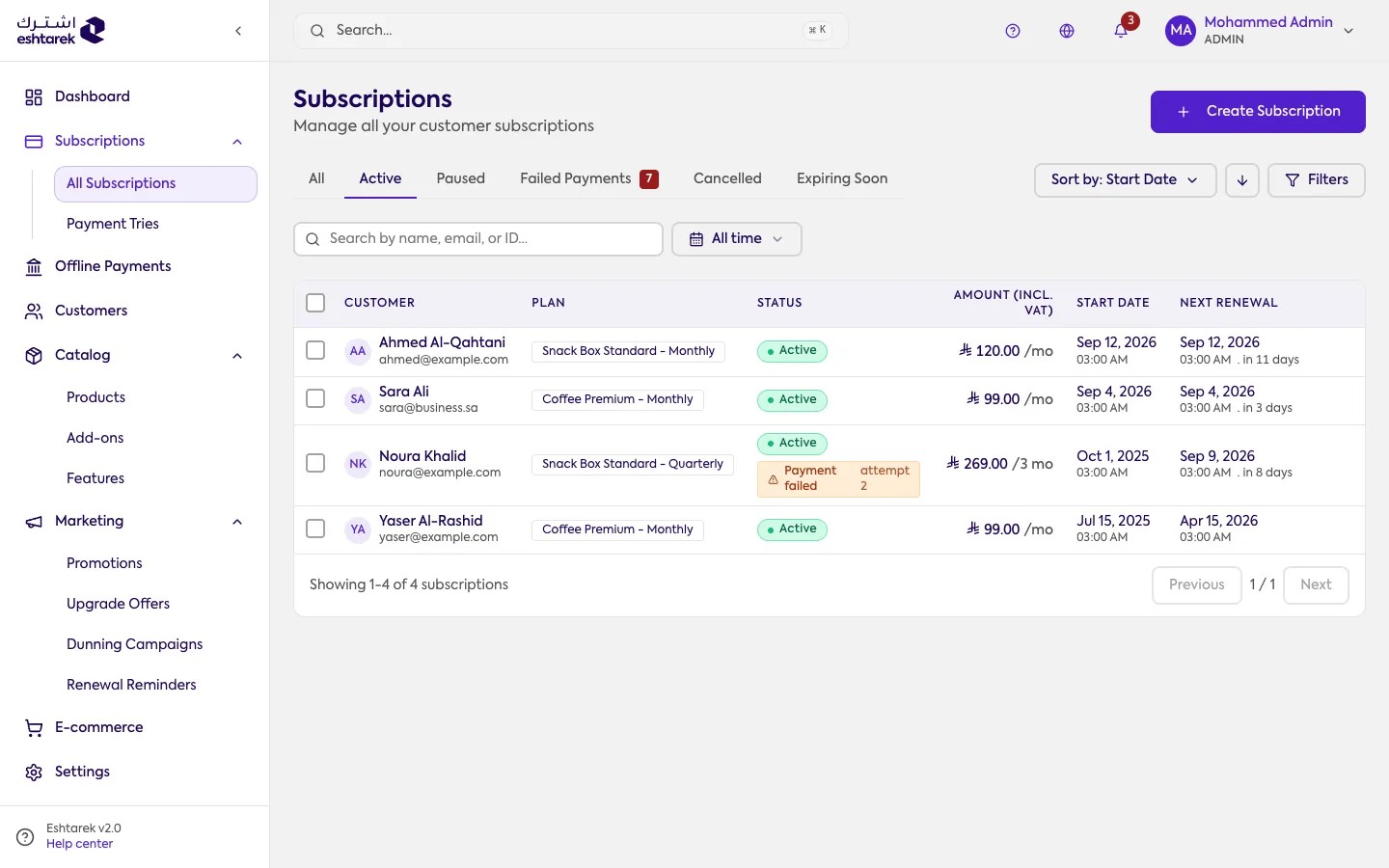 Screenshot: Subscriptions