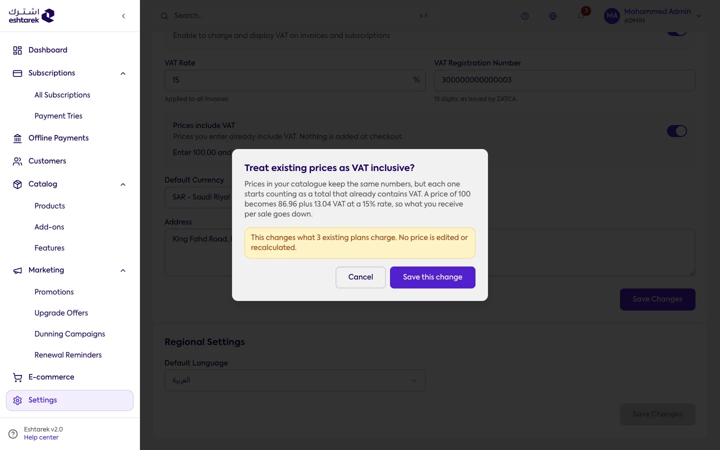 Screenshot: confirming the tax change